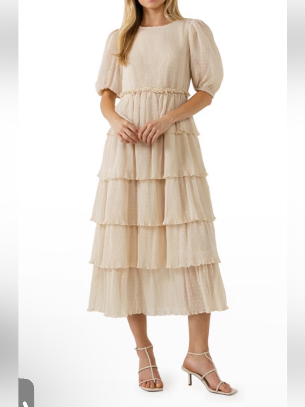 Nieman Marcus english rose flowy Tiered Micro-Dot Midi Dress ruffled layers. EUC